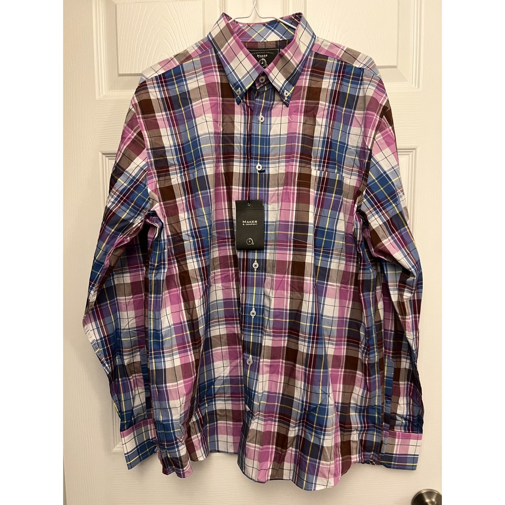Maker & Company‎ Plaid Shirt Men's XL Button Down Pink Brown Casual NWT $115